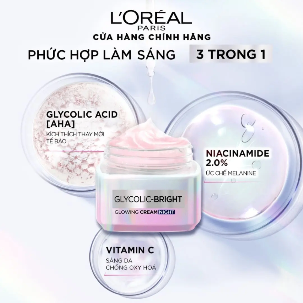Bộ Kem Dưỡng Loreal Paris Glycolic-Bright Glowing Cream (Ban đêm 50ml + Ban ngày 15ml)