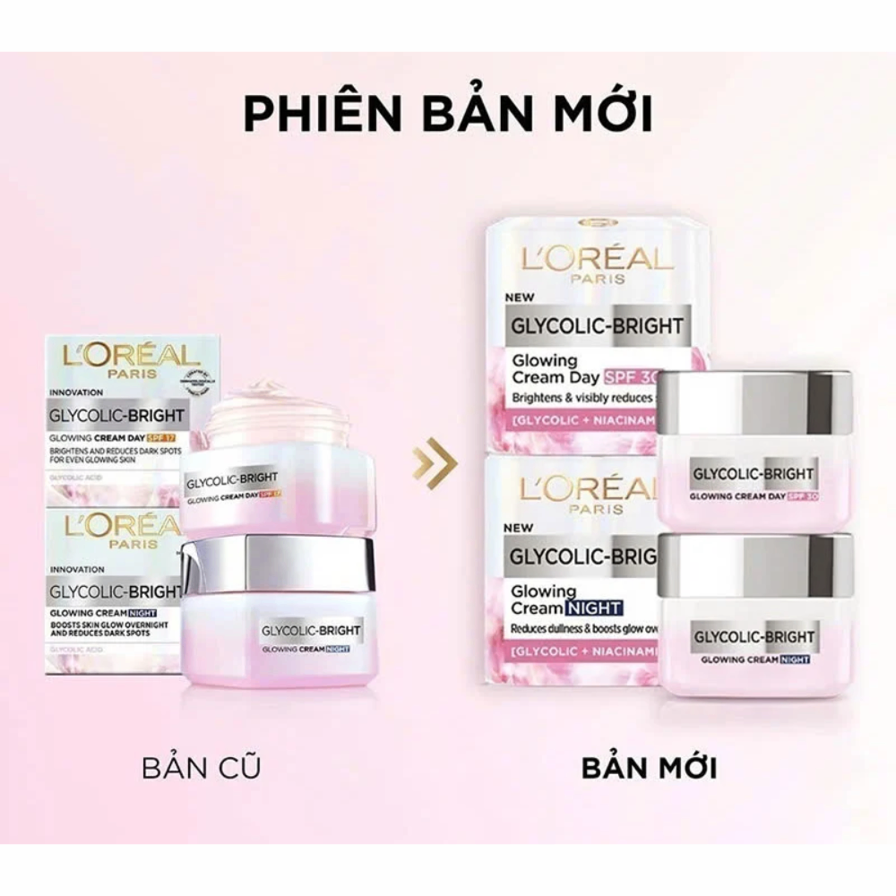 Bộ Kem Dưỡng Loreal Paris Glycolic-Bright Glowing Cream (Ban đêm 50ml + Ban ngày 15ml)