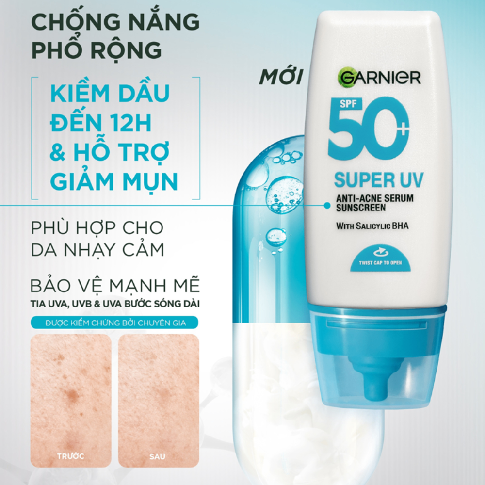 Kem Chống Nắng Garnier Super UV Anti - Acne Serum Sunscreen SPF 50+PA++++