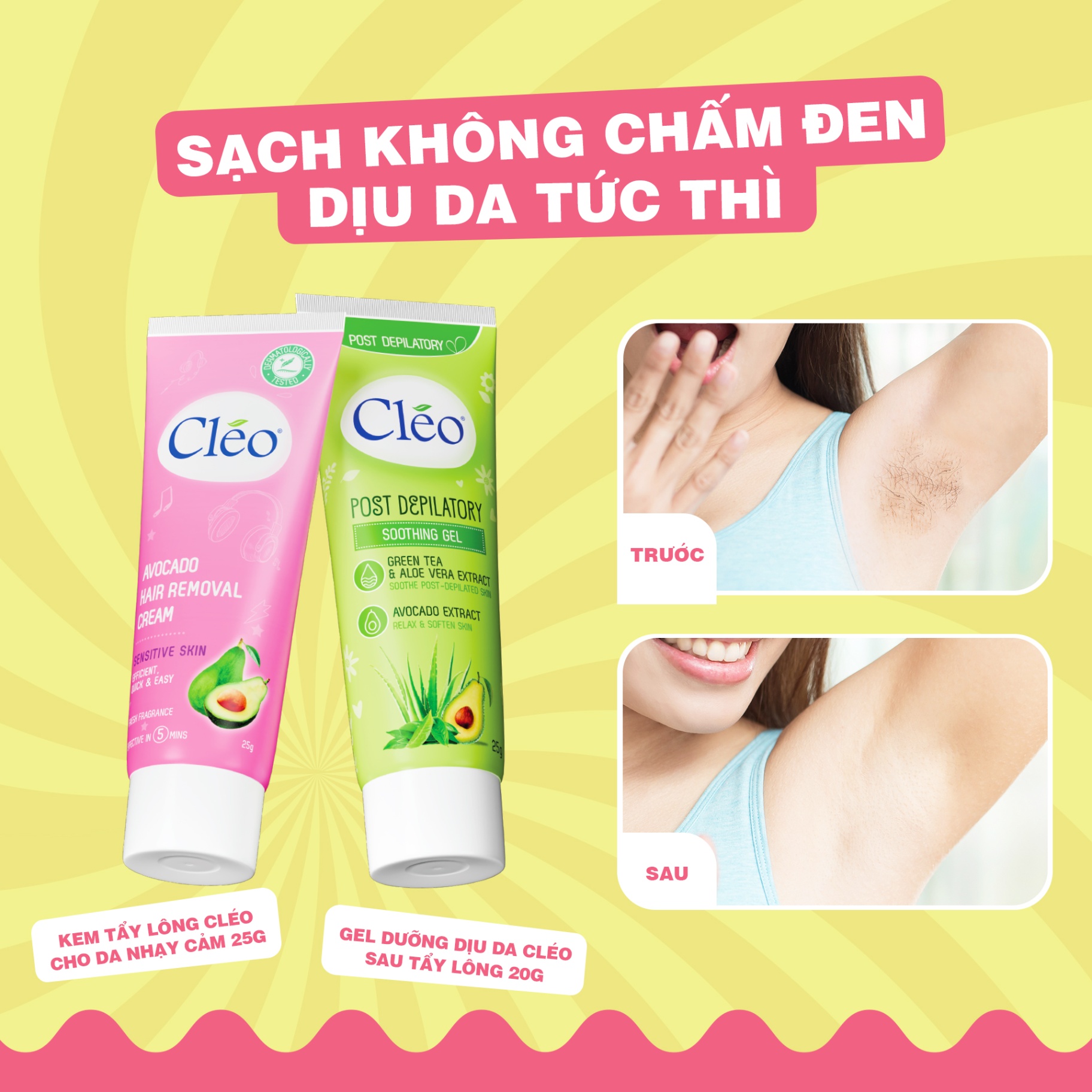 Set tẩy lông Cleo hồng 25g + Gel làm dịu da Cleo 20g