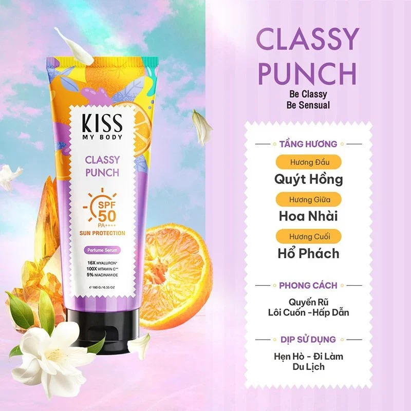 Serum dưỡng thể chống nắng Kiss My Body Sun Protection Perfume SPF50 PA++++ 180g hương nước hoa chống nắng bảo vệ da