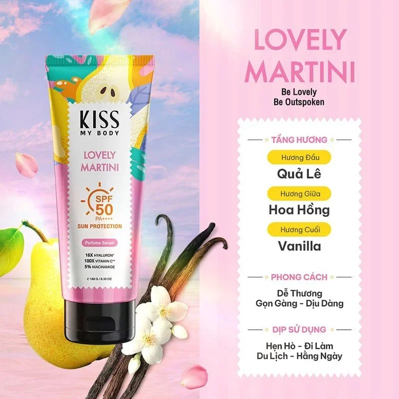 Serum dưỡng thể chống nắng Kiss My Body Sun Protection Perfume SPF50 PA++++ 180g hương nước hoa chống nắng bảo vệ da
