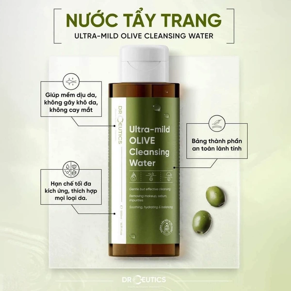 Nước tẩy trang Dr Ceutics Gentle Olive Soothing Micellar Water 500ml Lành Tính Dịu Nhẹ Làm Sạch Sâu Dành Cho Mọi Loại Da