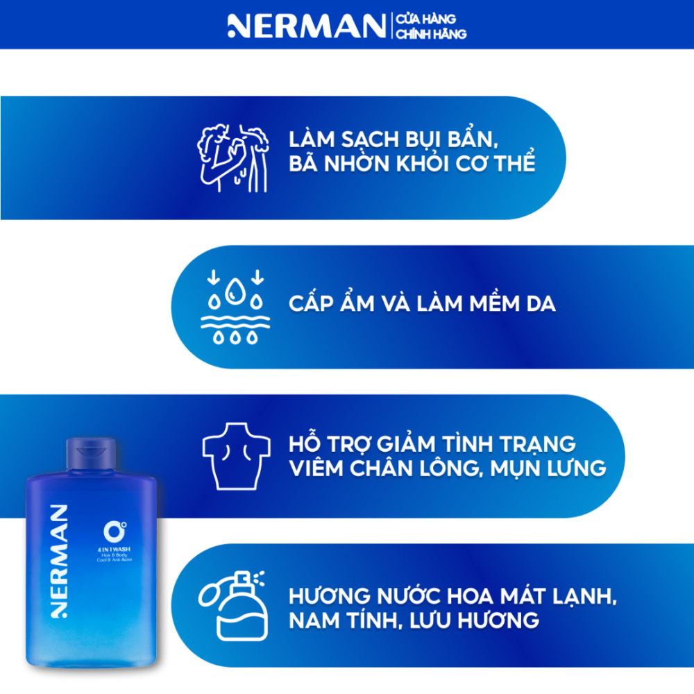 Sữa tắm gội Nerman 0 độ 4in1 Wash 330ml mát lạnh tức thì ngừa mụn