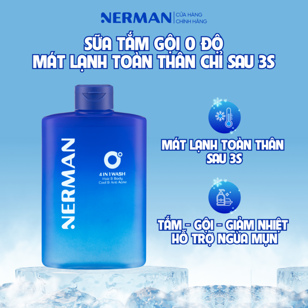 Sữa tắm gội Nerman 0 độ 4in1 Wash 330ml mát lạnh tức thì ngừa mụn