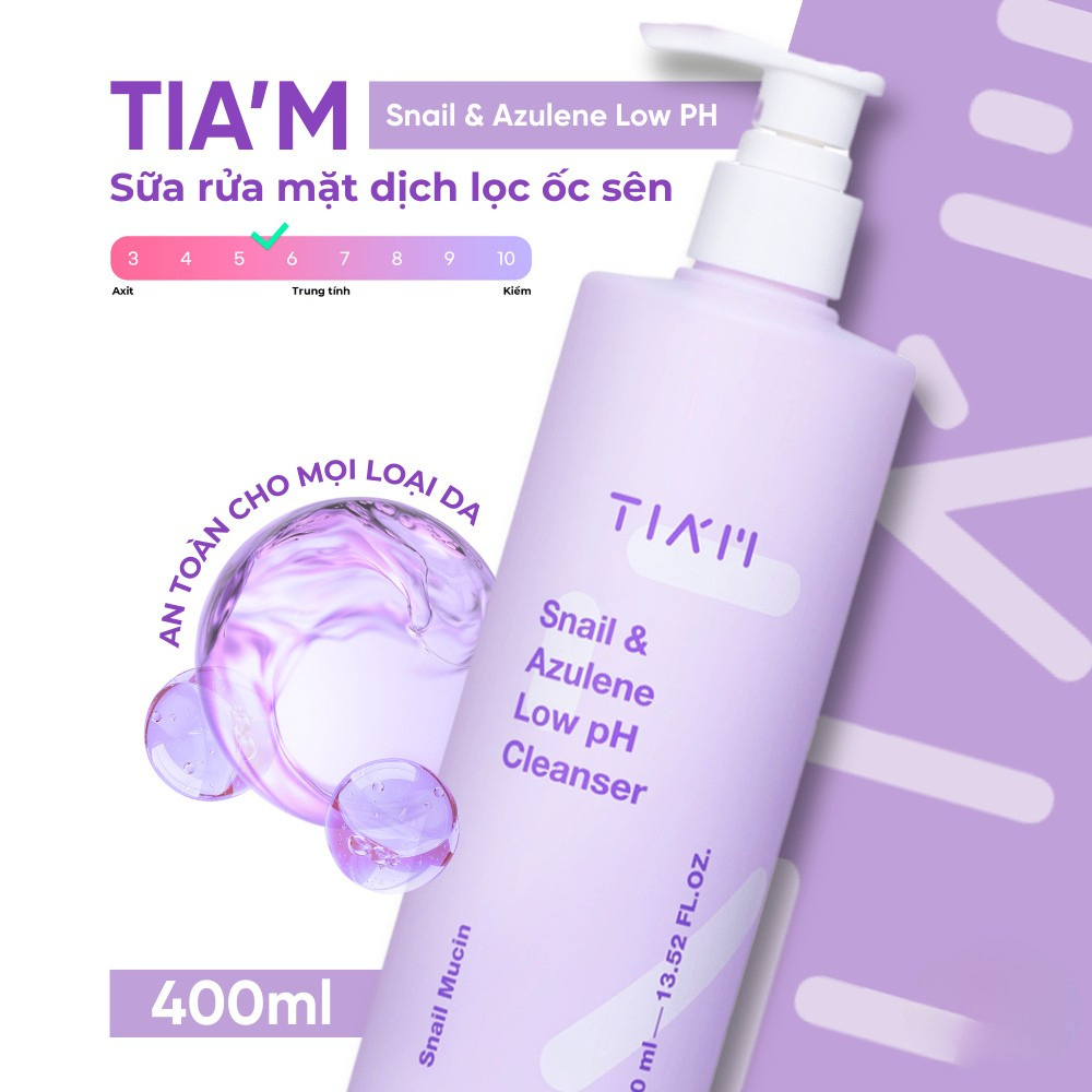 Sữa rửa mặt Tiam Snail & Azulene Low PH Cleanser 200ml/400ml dịu nhẹ cho làn da nhạy cảm