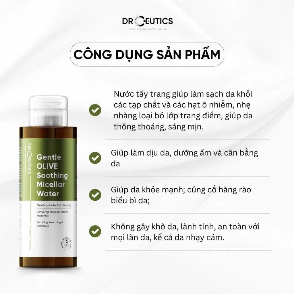 Nước tẩy trang Dr Ceutics Gentle Olive Soothing Micellar Water 500ml Lành Tính Dịu Nhẹ Làm Sạch Sâu Dành Cho Mọi Loại Da