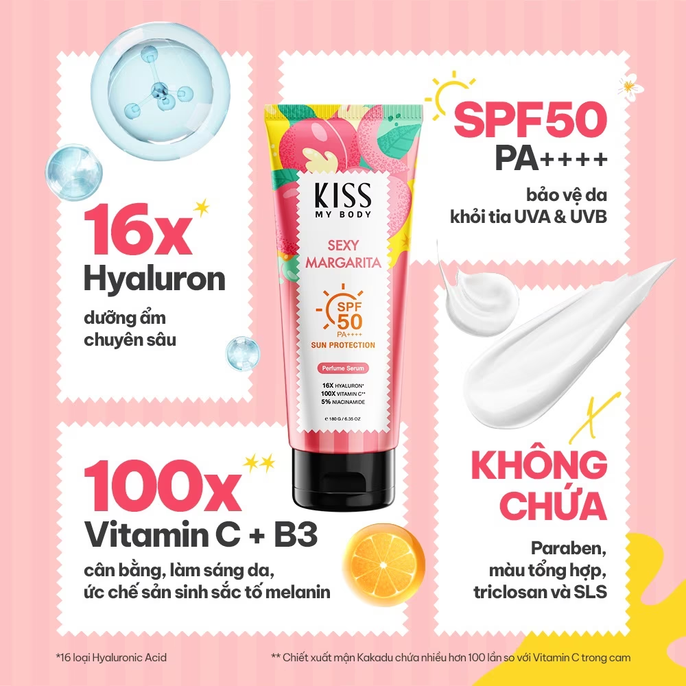 Serum dưỡng thể chống nắng Kiss My Body Sun Protection Perfume SPF50 PA++++ 180g hương nước hoa chống nắng bảo vệ da