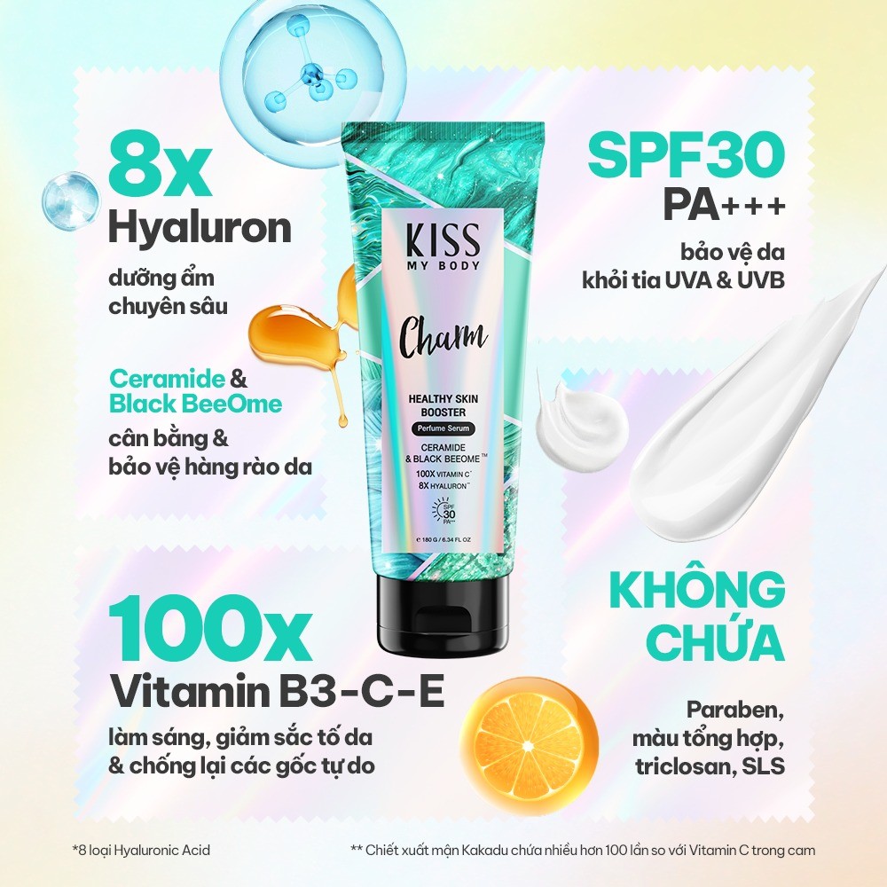 Serum dưỡng thể chống nắng Kiss My Body Healthy Skin Booster Perfume 180g hương nước hoa nhẹ nhàng