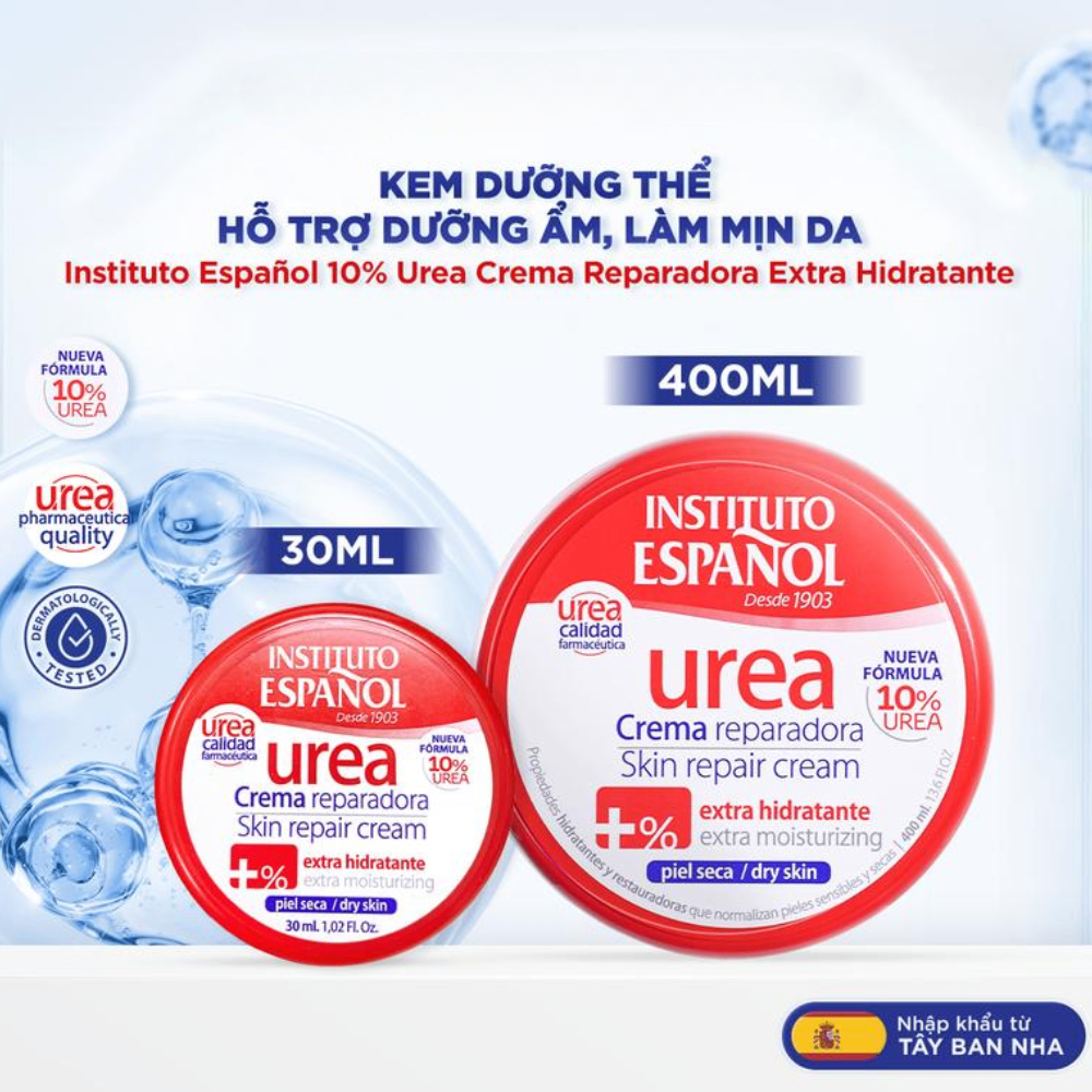 Kem dưỡng thể Instituto Espanol Urea Crema Reparadora Skin Repair Cream 30ml/400ml dưỡng ẩm sâu phục hồi và làm mềm da nứt nẻ