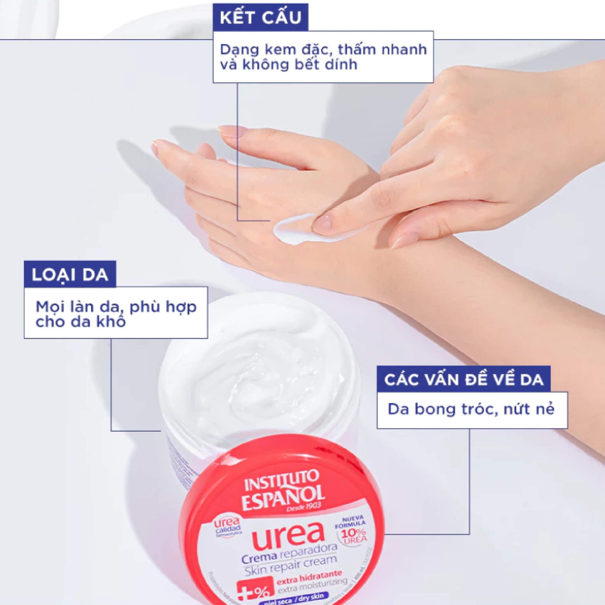 Kem dưỡng thể Instituto Espanol Urea Crema Reparadora Skin Repair Cream 30ml/400ml dưỡng ẩm sâu phục hồi và làm mềm da nứt nẻ