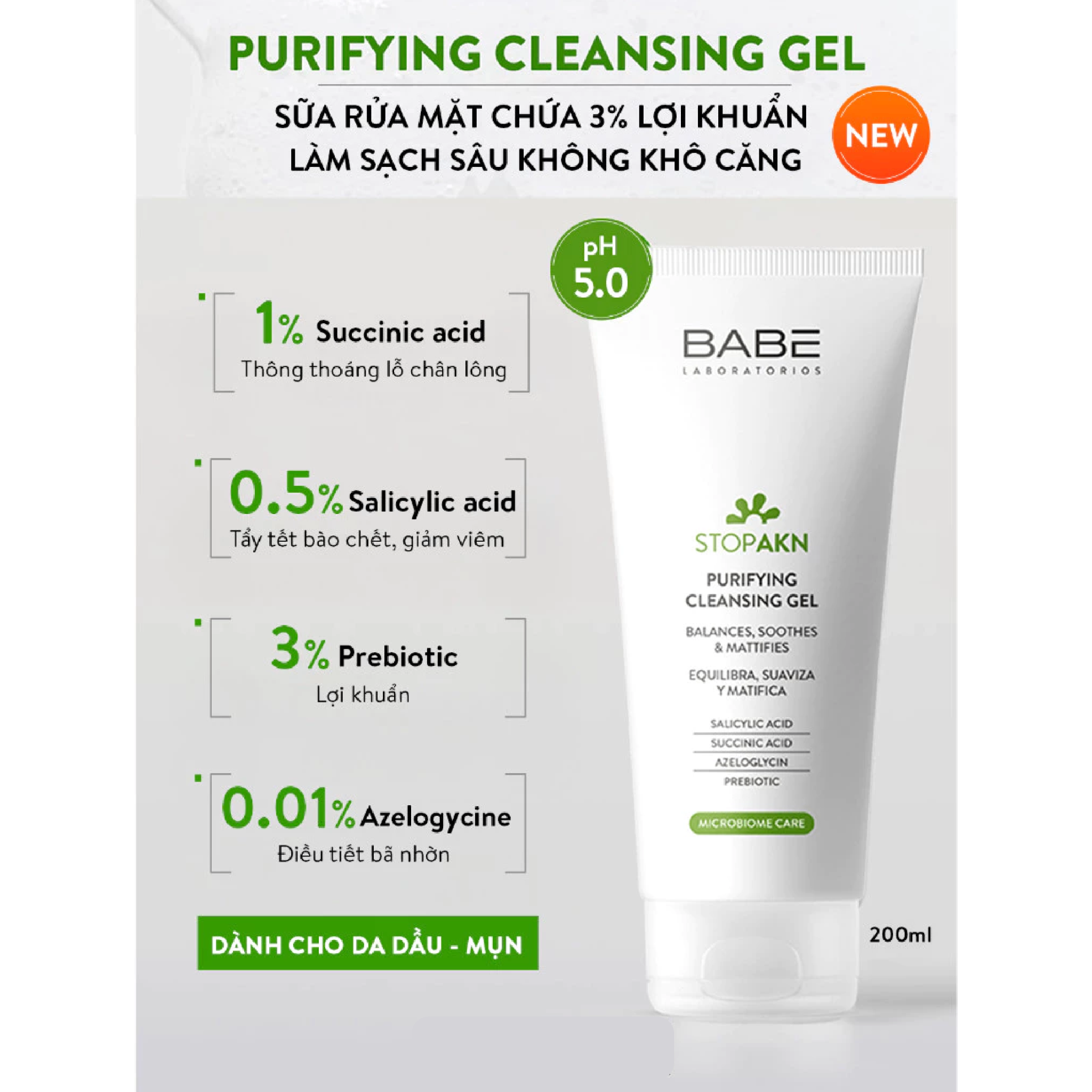 Sữa rửa mặt Babe Stop AKN Purifying Cleansing Gel 200ml (mẫu mới)