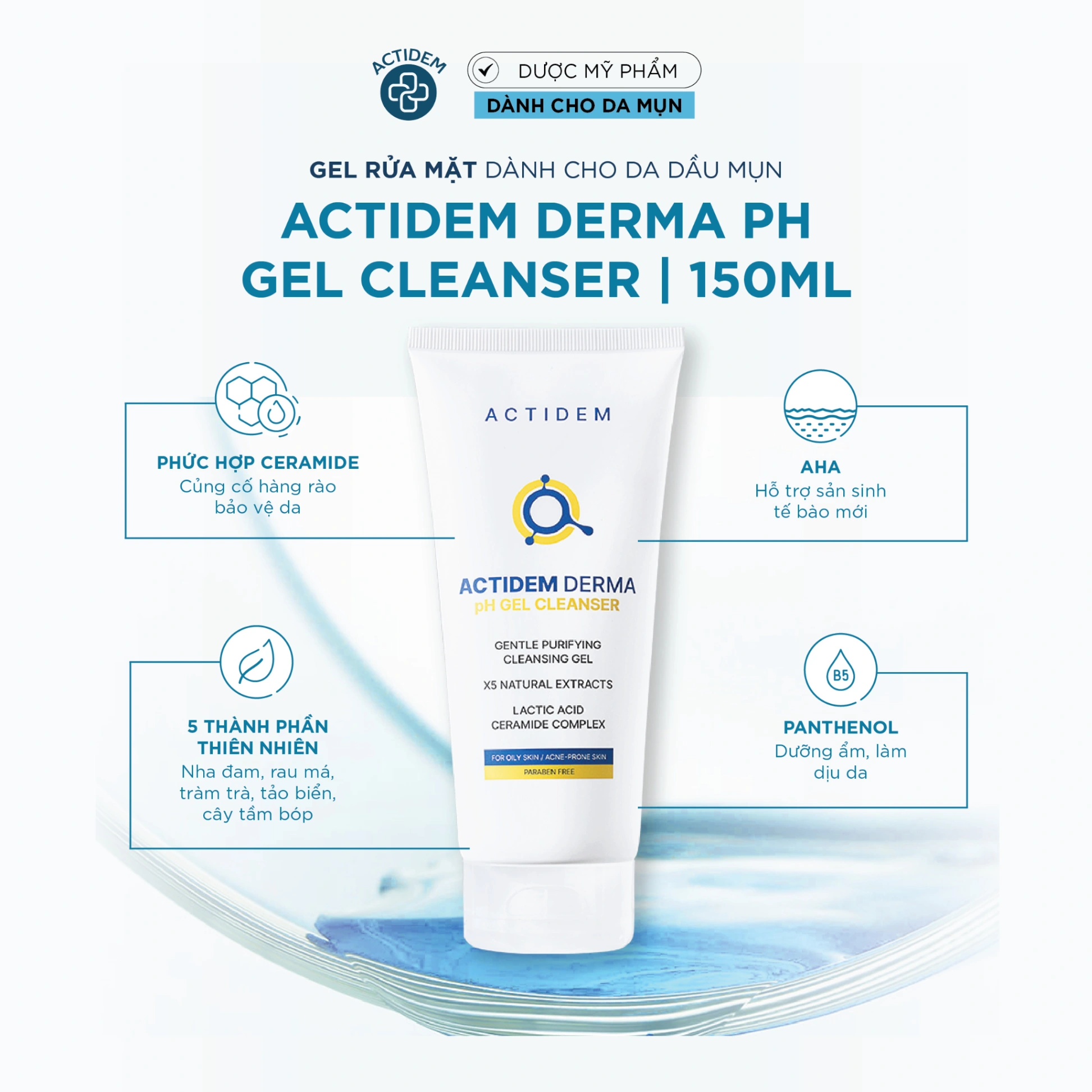 Sữa rửa mặt Actidem Derma pH Gel Cleanser 30ml/150ml dành cho da dầu và da dầu mụn
