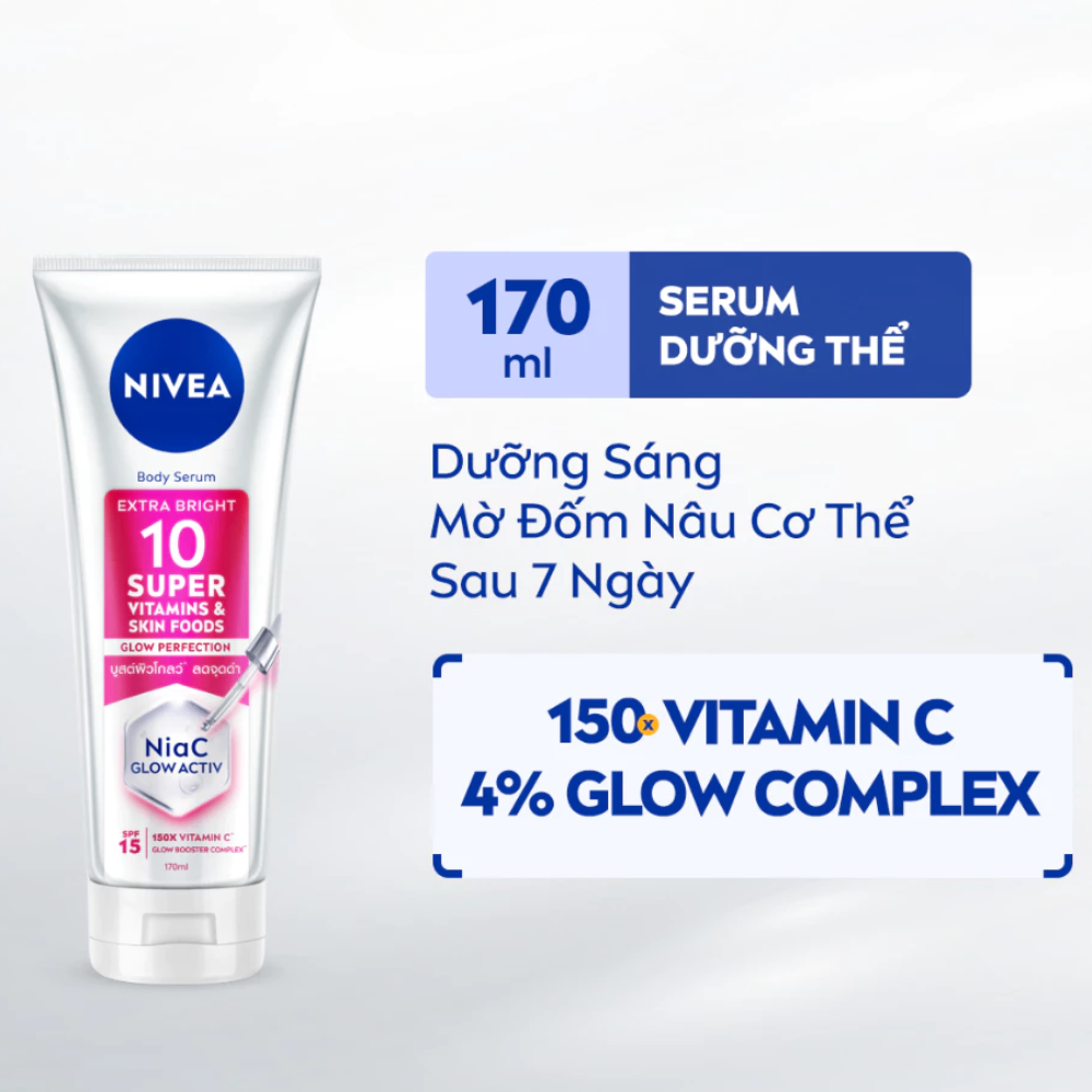 Dưỡng thể body Nivea Extra Bright 10 Super Vitamins & Skin Foods NiaC Glow Activ sáng da mờ đốm nâu