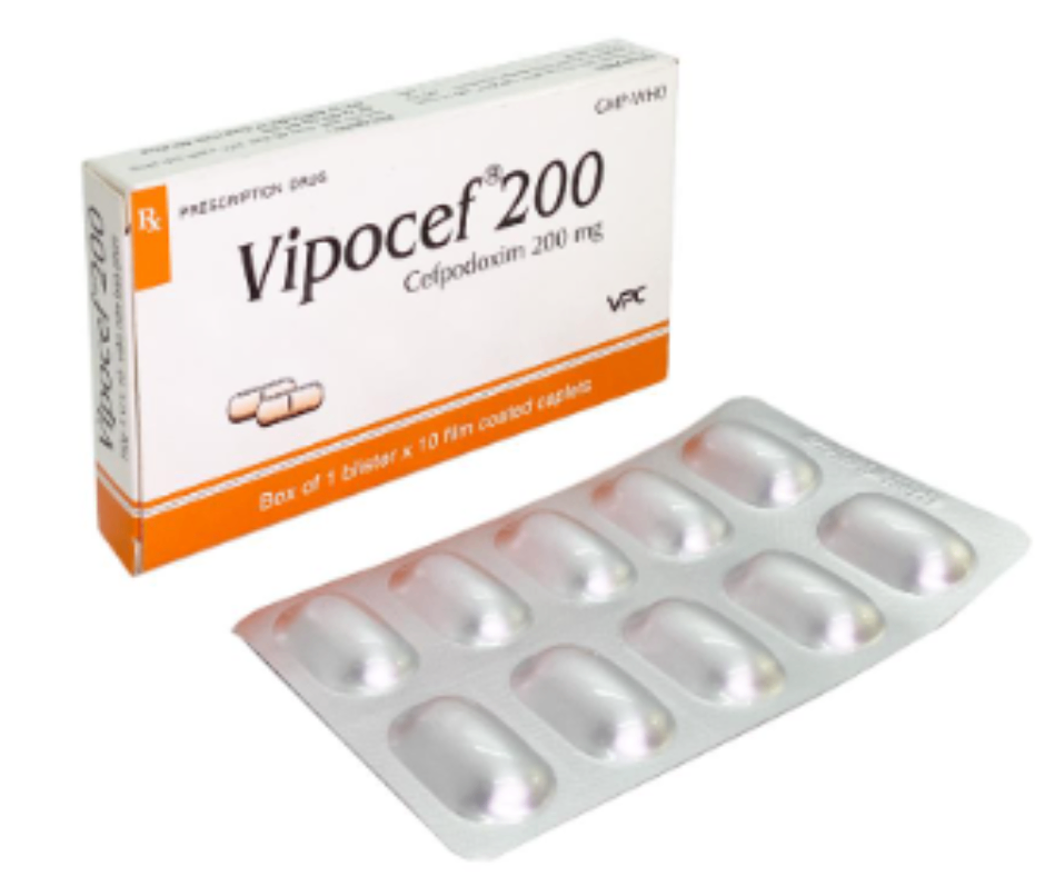 1299. VIPOCEF 200 (Cefpodoxim 200, Hộp 1 vỉ nhôm x 10 viên nén bao phim, Thùng 119h) Cửu Long