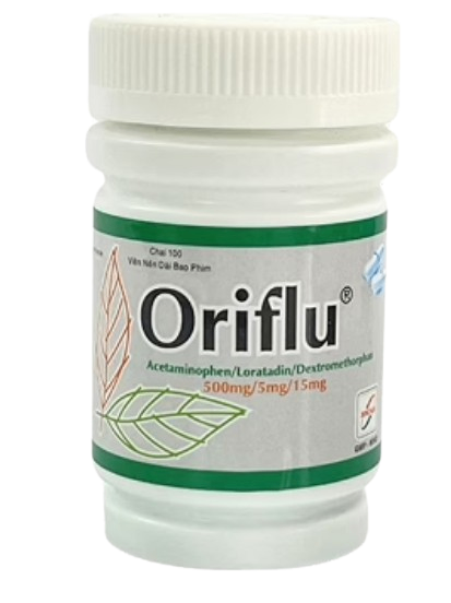 5185. Oriflu ( Paracetamol (Acetaminophen) 500mg + Loratadin15mg 5mg + Dextromethorphan 15mg; Chai 100 viên nén bao phim; Thùng 100 chai) Đông Nam.