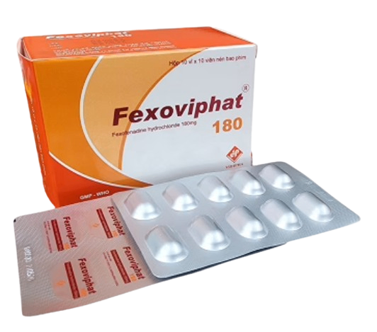 5186. Fexoviphat 180mg ( Fexofenadin 180mg; Hộp 10 vỉ x 10 viên nén bao phim; Thùng 84 chai) Vidipha.