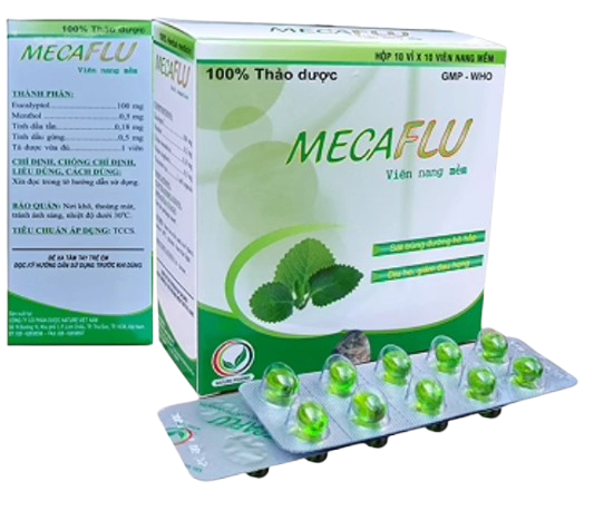 5188. Mecaflu ( Eucalyptol 100mg + Menthol 0,5mg + Tinh Dầu Tần 0,18mg + Tinh Dầu Gừng 0,5mg; Hộp 10 vỉ x 10 viên nang mềm; Thùng 100 chai) Nature.