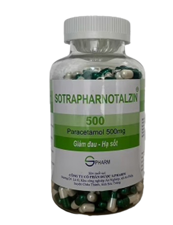 5183. Sotraphar Notalzin 500 VNA ( Paracetamol (Acetaminophen) 500mg; Chai 500 viên nang cứng; Thùng 36 chai) S.Pharm.