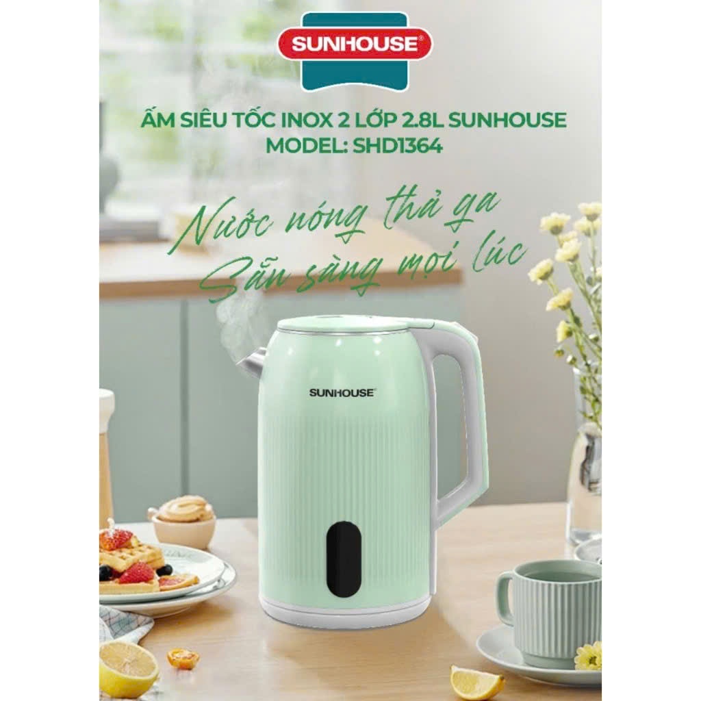Ấm siêu tốc inox 2 lớp 2.8L Sunhouse.