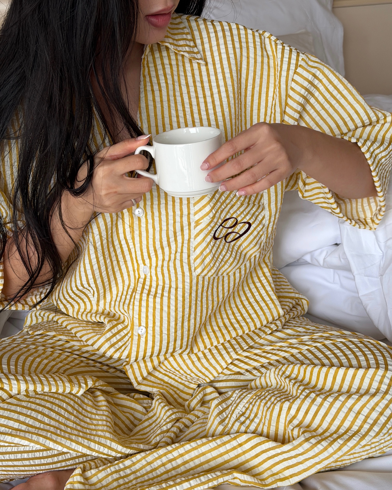 SLEEEPI x HEHR Set Pyjama Ngủ Vàng Sọc Áo Dáng Suông Tay Ngắn và Quần Ống Rộng