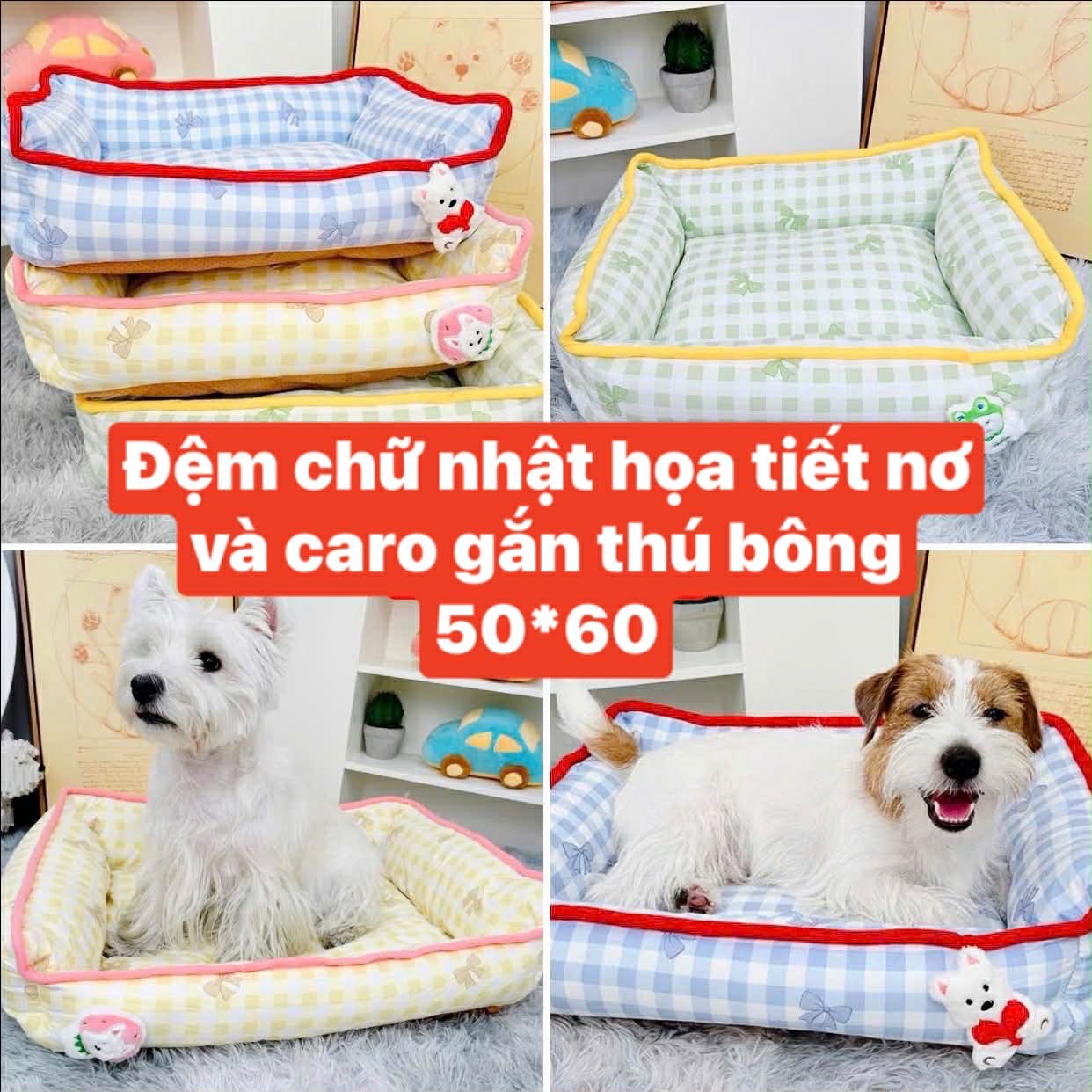 Đệm chữ nhật họa tiết nơ và caro gắn thú bông 50*60