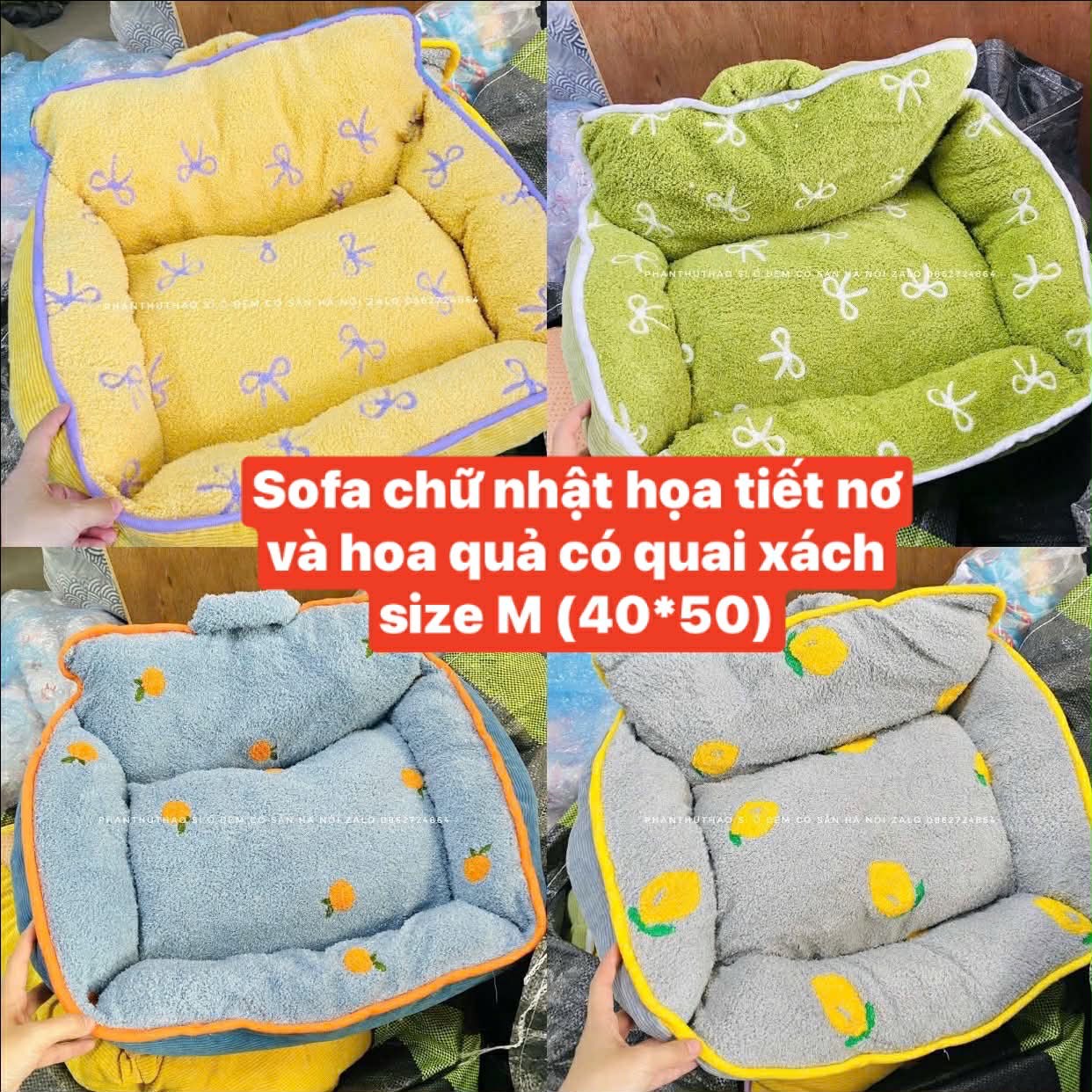 Đệm Sofa chữ nhật họa tiết nơ và hoa quả có quai xách size M (40*50)