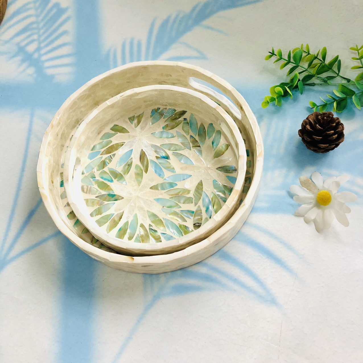 Khay Khảm Trai Cỡ 20, Khay Tròn Họa Tiết Lá
