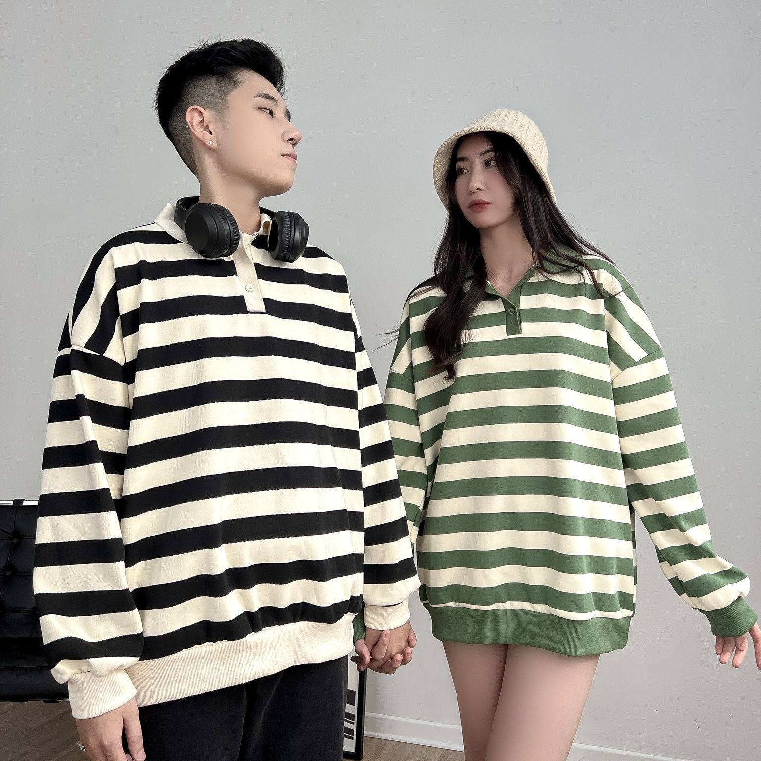 Áo polo nỉ kẻ unisex cao cấp - Nâu - Free size