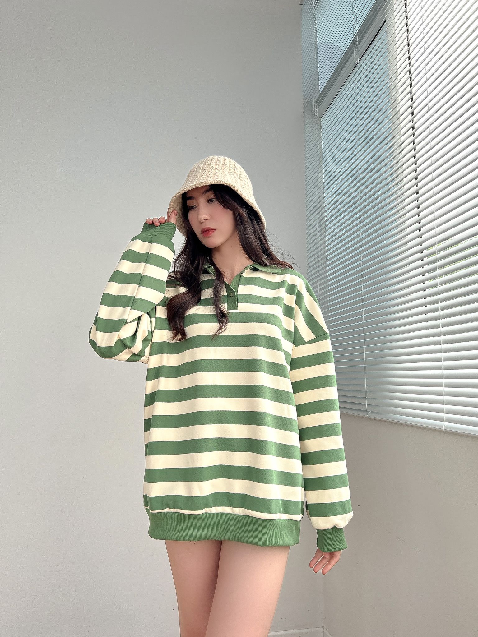 Áo polo nỉ kẻ unisex cao cấp - Xanh lá cây - Free size
