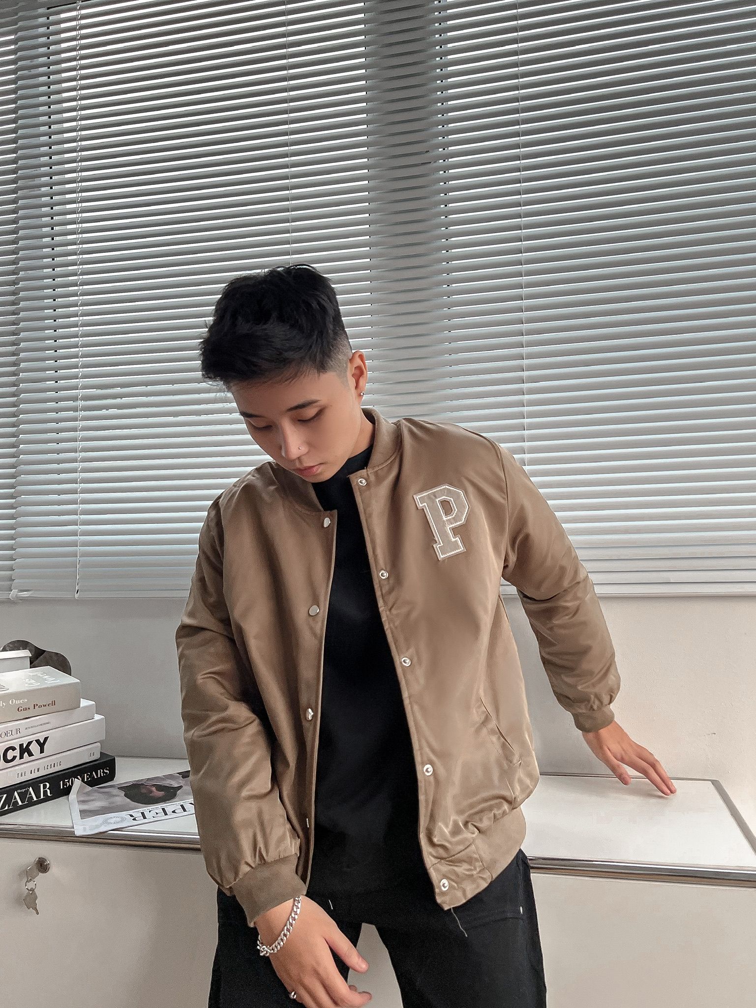 Áo khoác bomber P lót lông cao cấp - Nâu - Free size