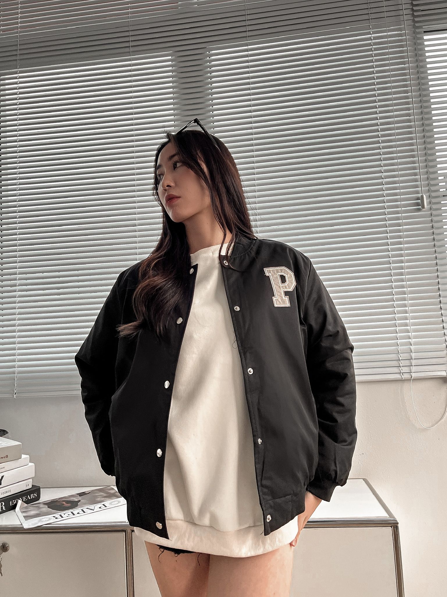 Áo khoác bomber P lót lông cao cấp - Đen - Free size