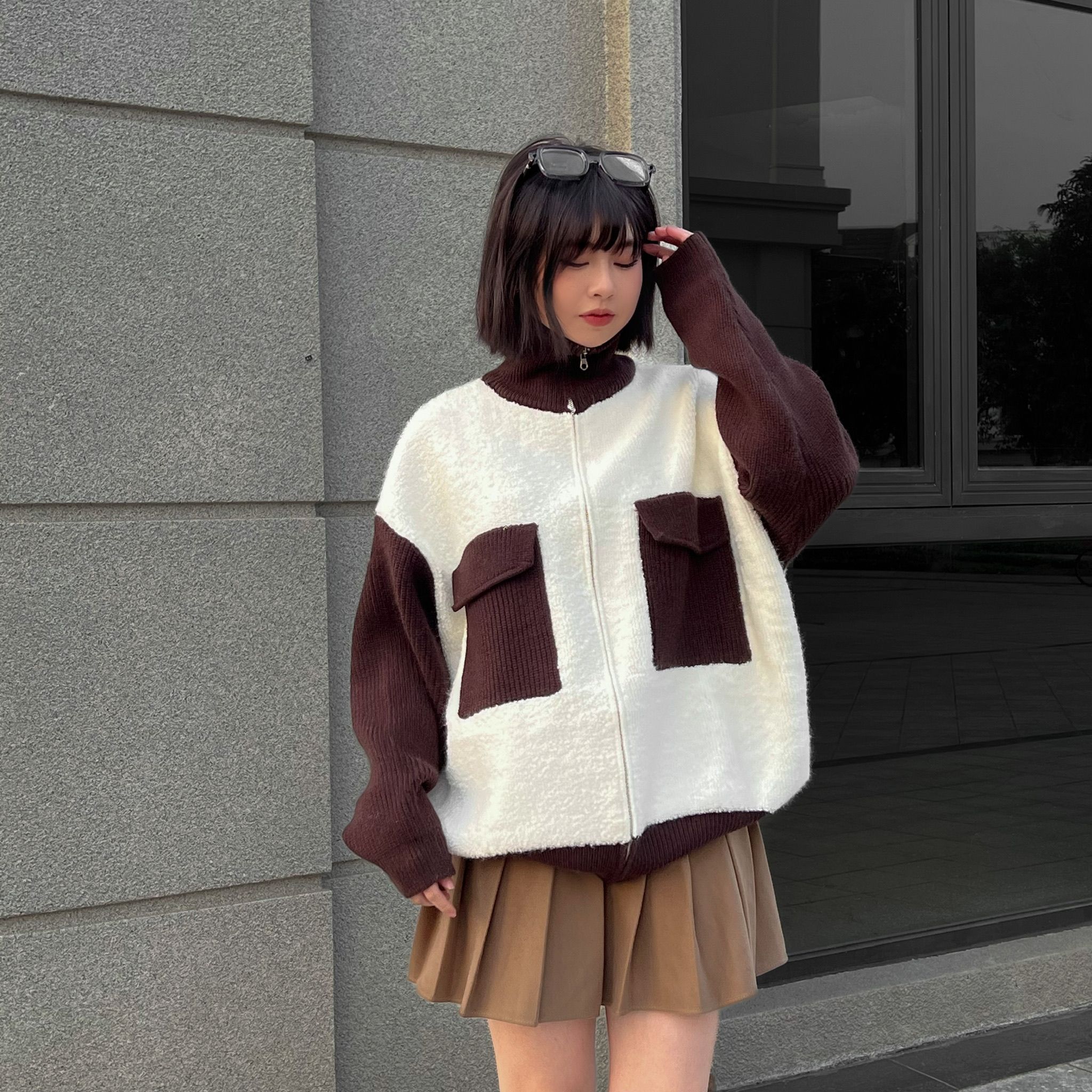 Áo khoác len túi ngực cao cấp - Đen - XL