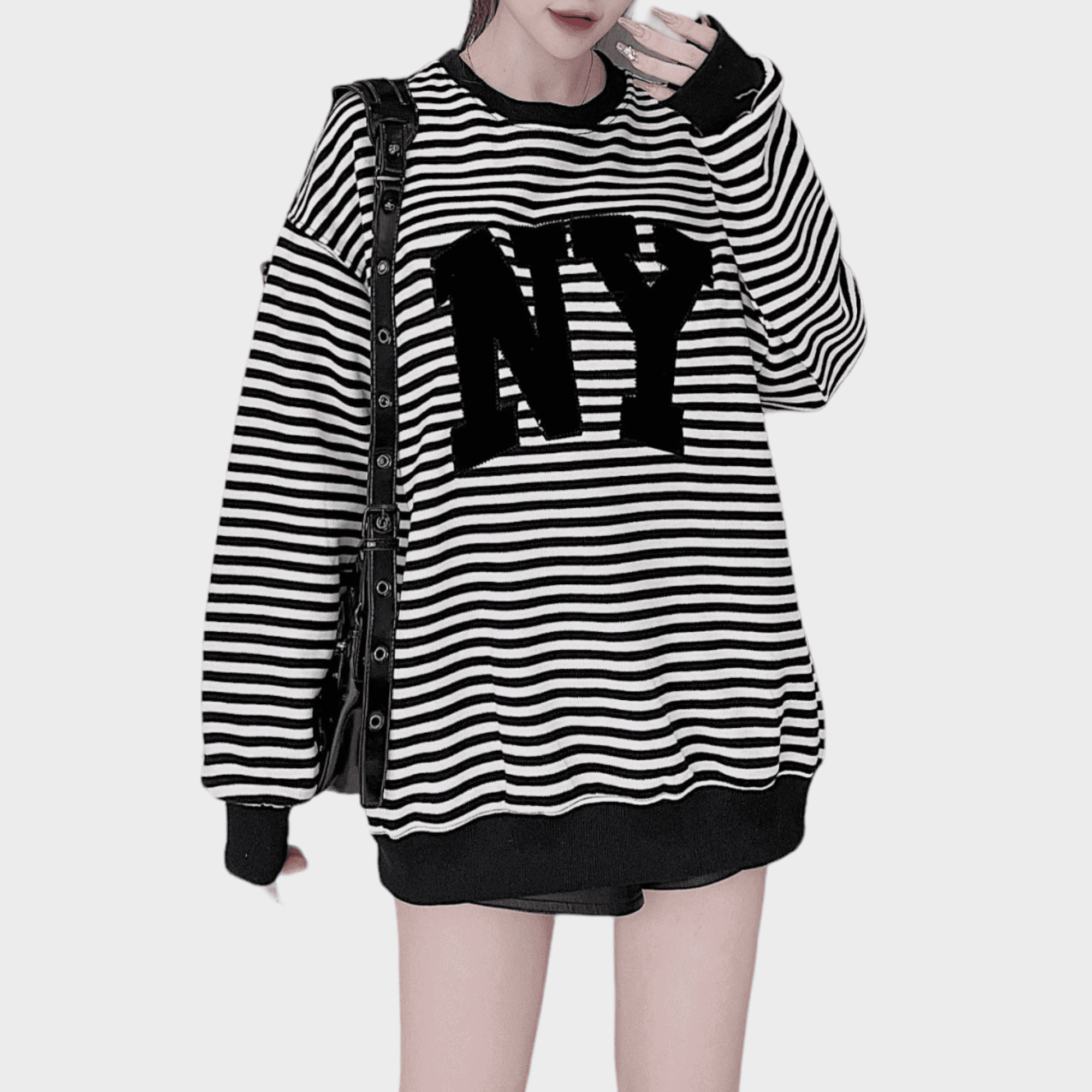Áo sweater kẻ ngang NY cao cấp - Đen - Free size