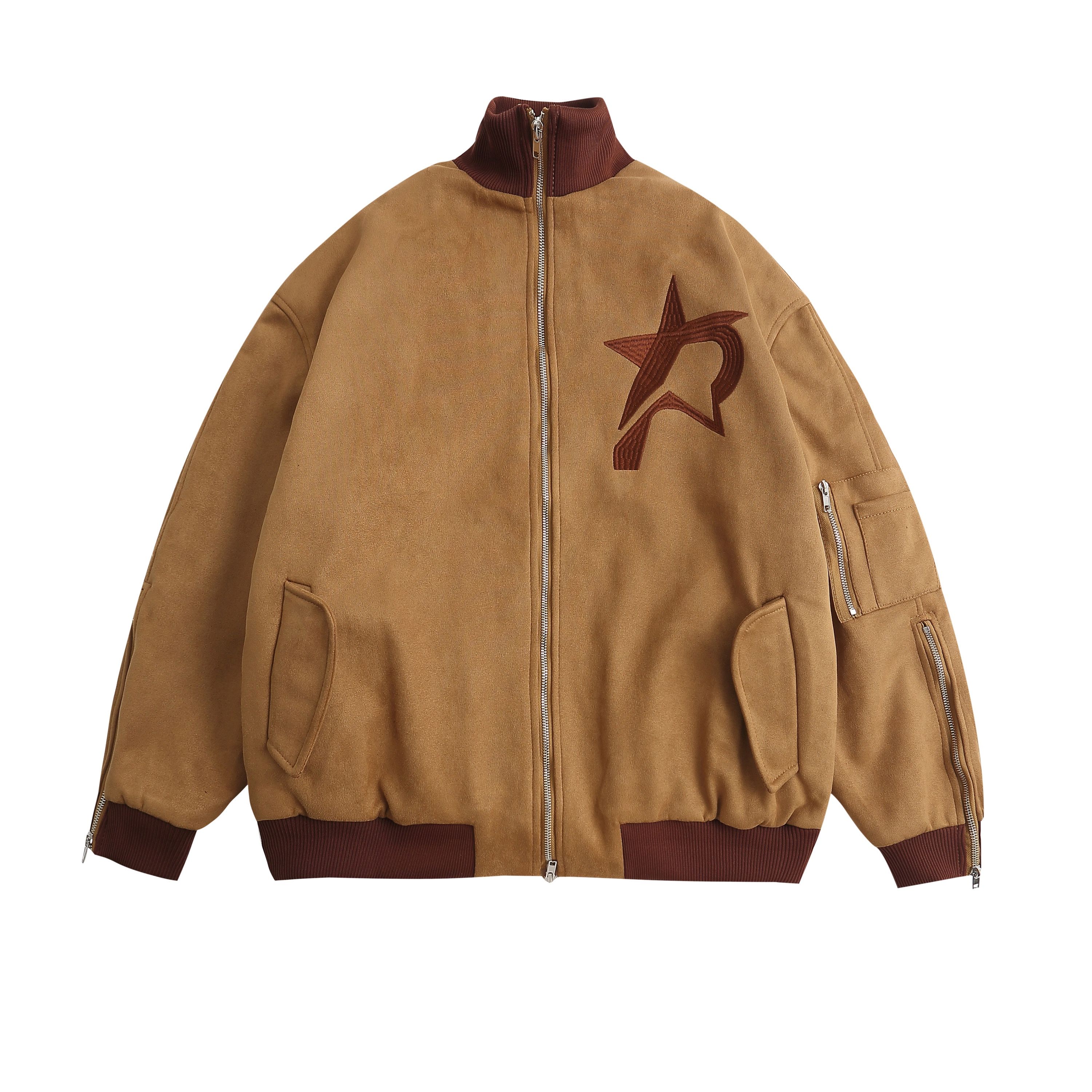 Áo khoác unisex da lộn thêu cao cấp - Nâu - M