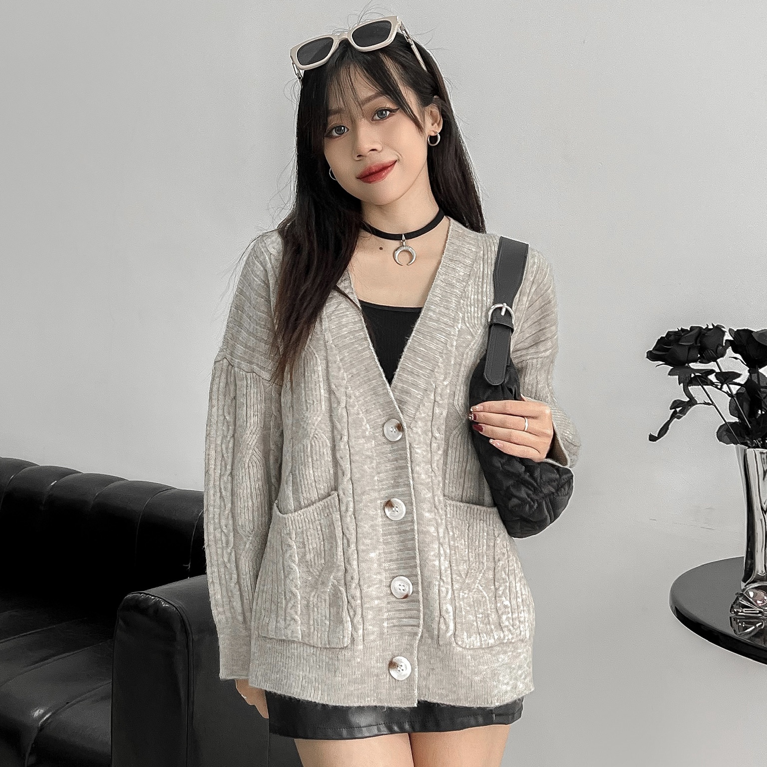 Áo len cadigan unisex AL2212 - Đen - Free size