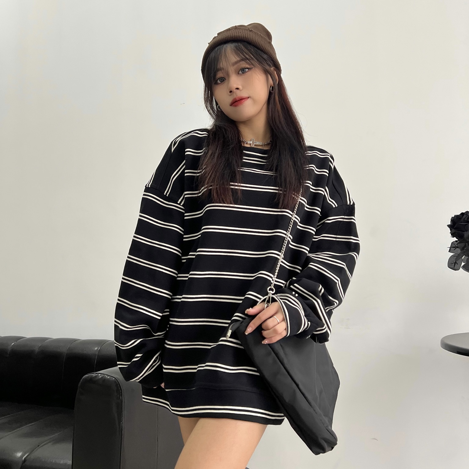 Áo nỉ sweater kẻ ngang cao cấp AN1819 - Be - Free size