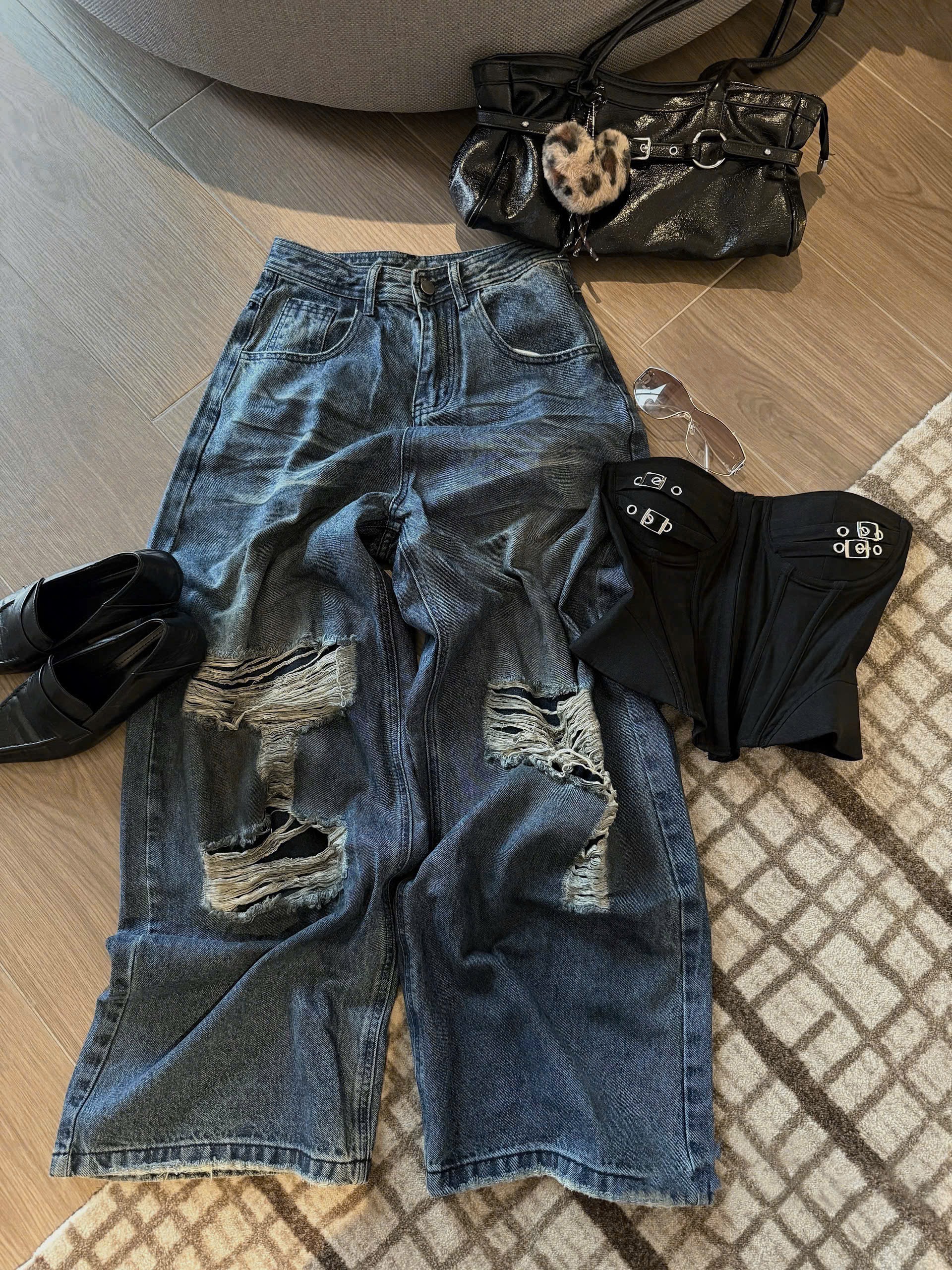 Quần jeans suông rách nữ cao cấp Q-9151