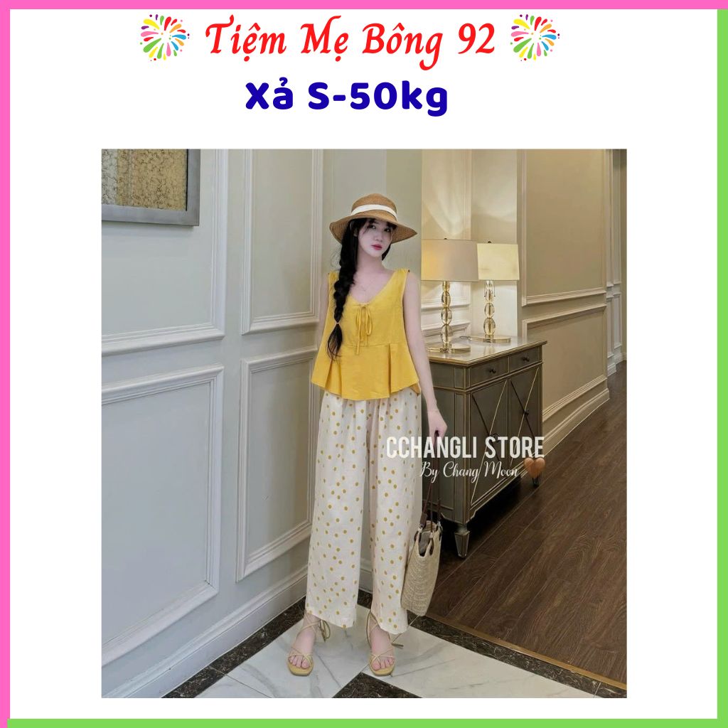 Xả: Bộ áo vàng nơ quần chấm bi nữ S-50kg HN1 #89k