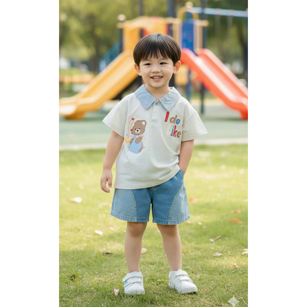 Xả VNXK S130 18-20kg S140 21-23kg :Sét áo polo mix quần sooc jean mềm bé trai HT3