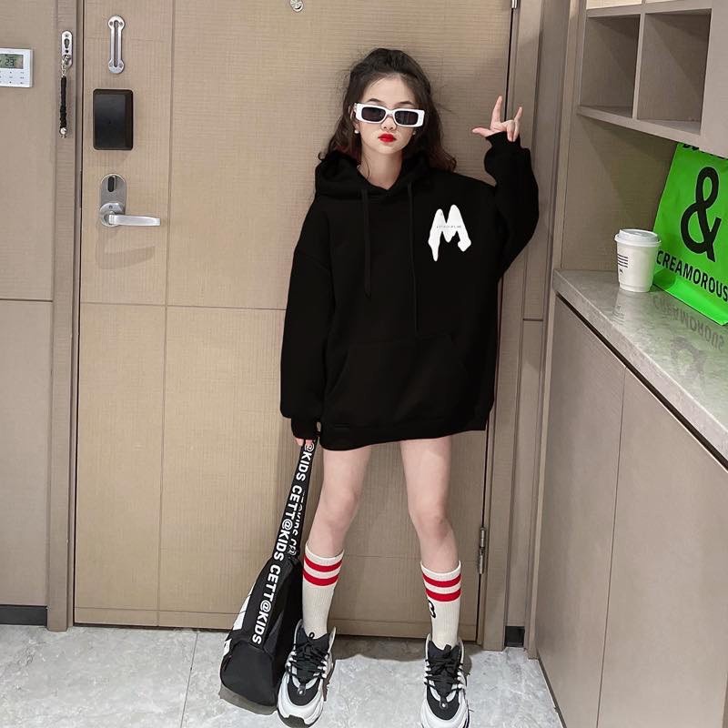 Xả S130 30-35kg , S150 32-36kg: Áo Hoodie nỉ lót nhung Quảng Châu có mũ Đen TG8