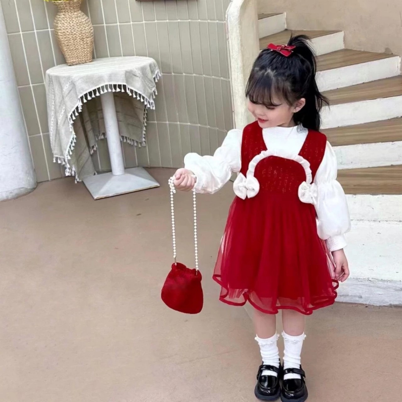 Xả set 3 chi tiết 8-10kg : Váy nhung kèm Áo tăm dày và túi đeo bé gái TG8