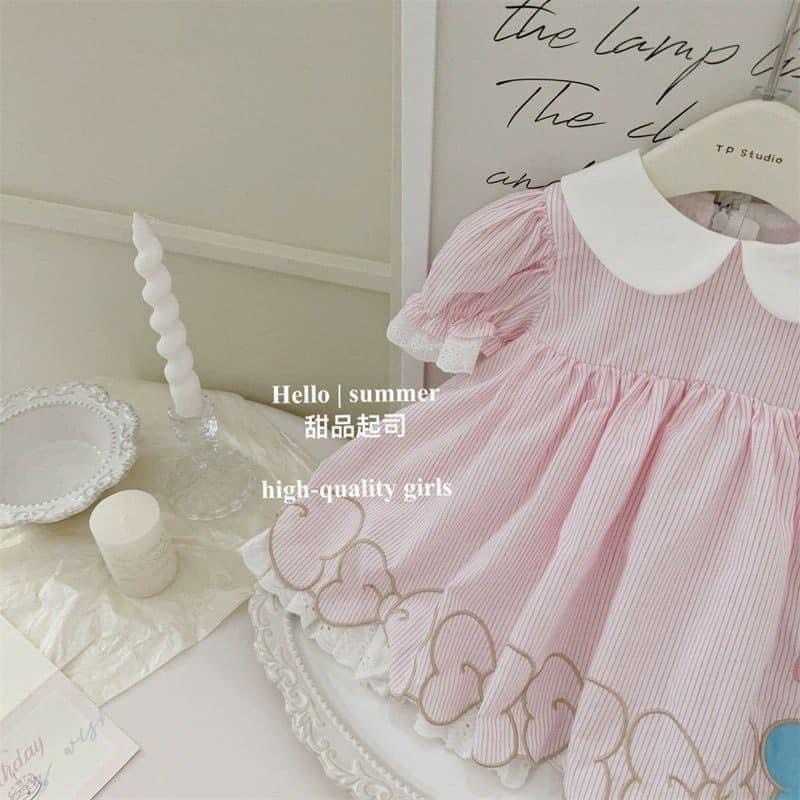 VÁY SỌC HỒNG CỔ TRẮNG TRÒN XK CHO BÉ