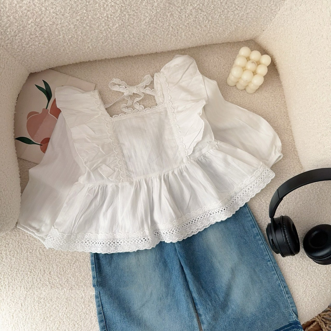 SÉT ÁO TRẮNG BABYDOLL QUẦN BÒ DÀI XANH BÉ GÁI