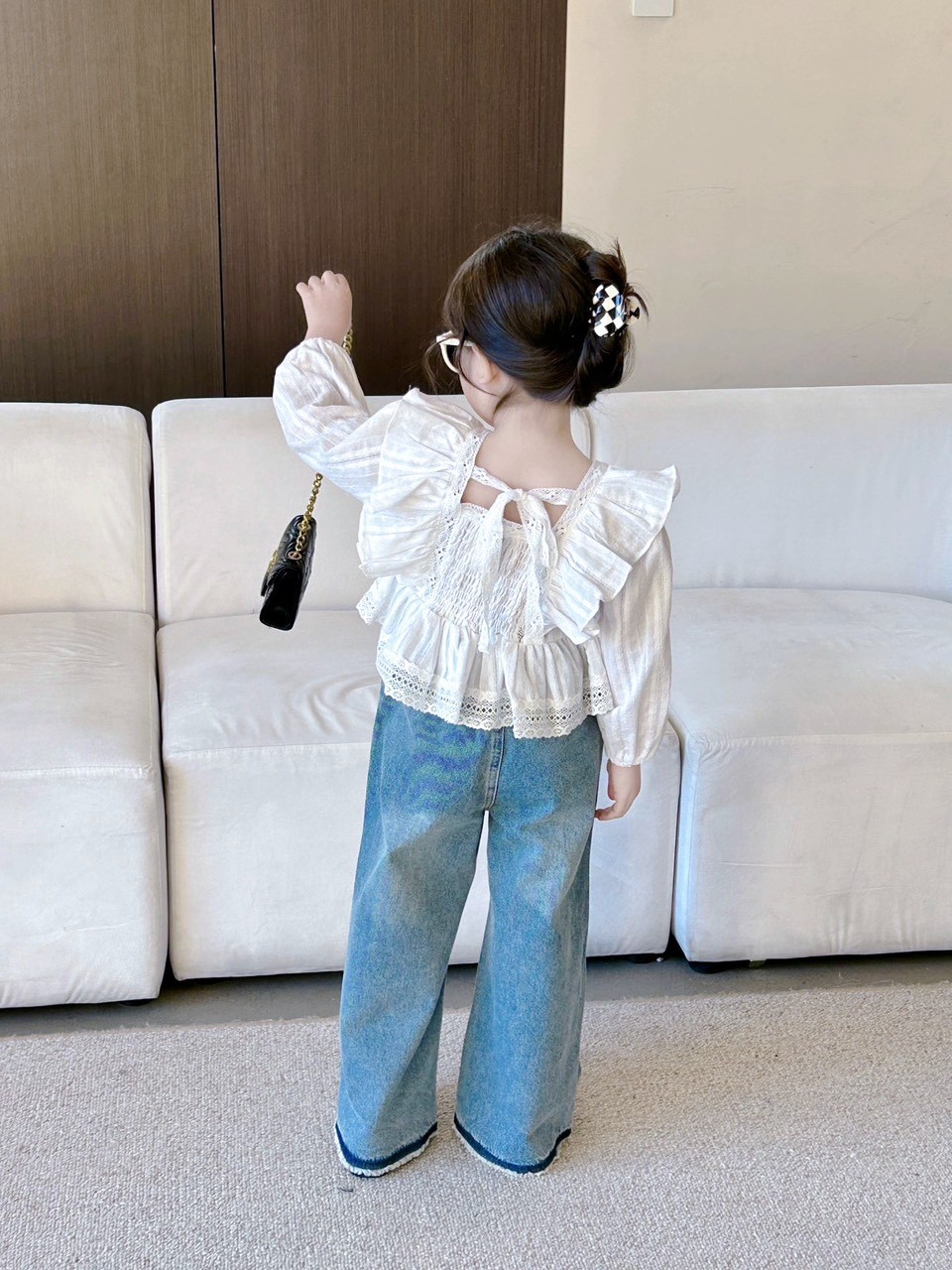SÉT ÁO TRẮNG BABYDOLL QUẦN BÒ DÀI XANH BÉ GÁI