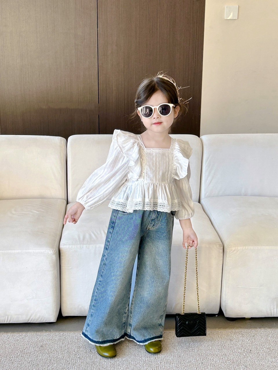 SÉT ÁO TRẮNG BABYDOLL QUẦN BÒ DÀI XANH BÉ GÁI