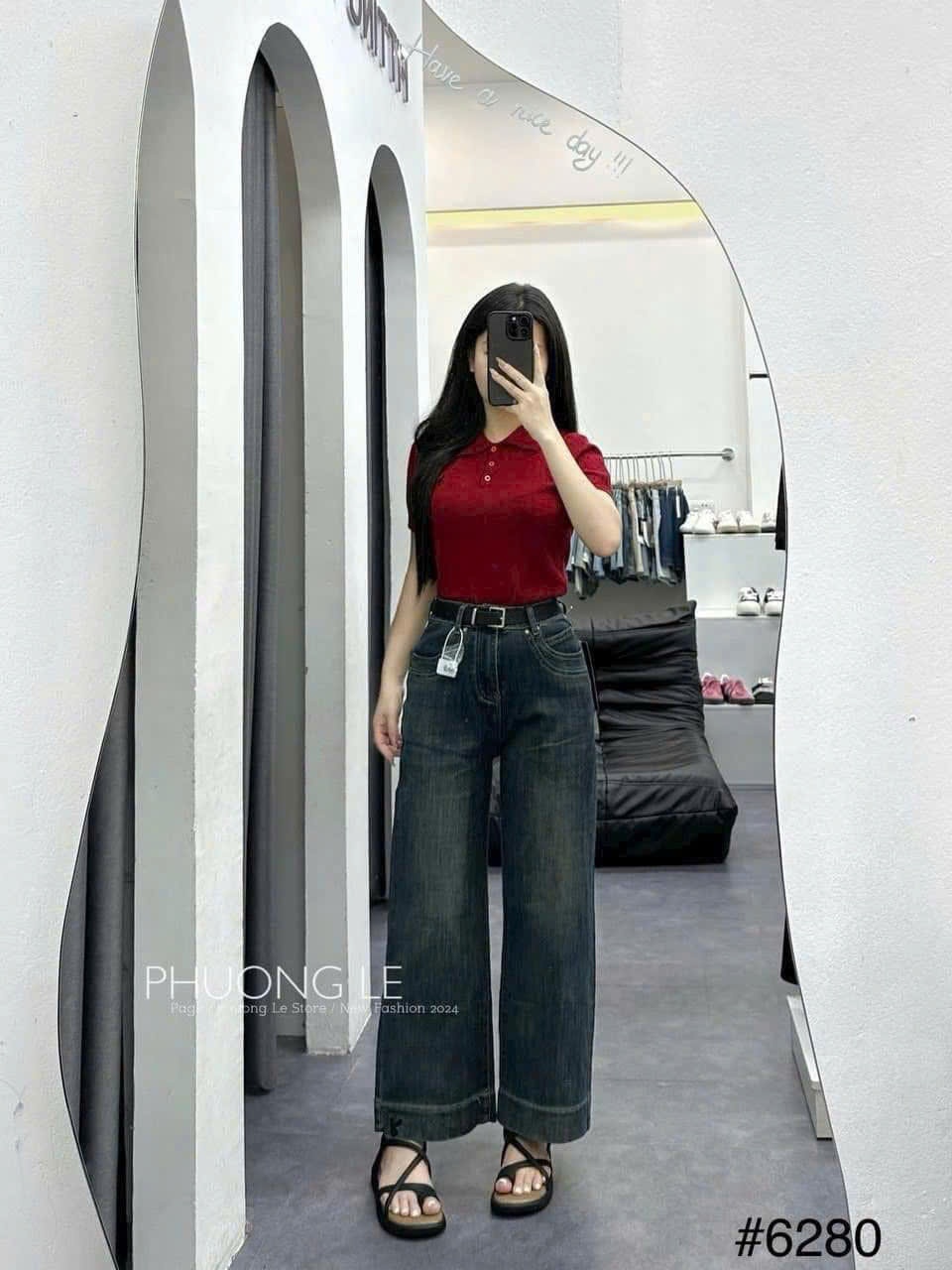 Xả S 40-47kg: Quần jean suông xanh may gấu to nữ QJ34