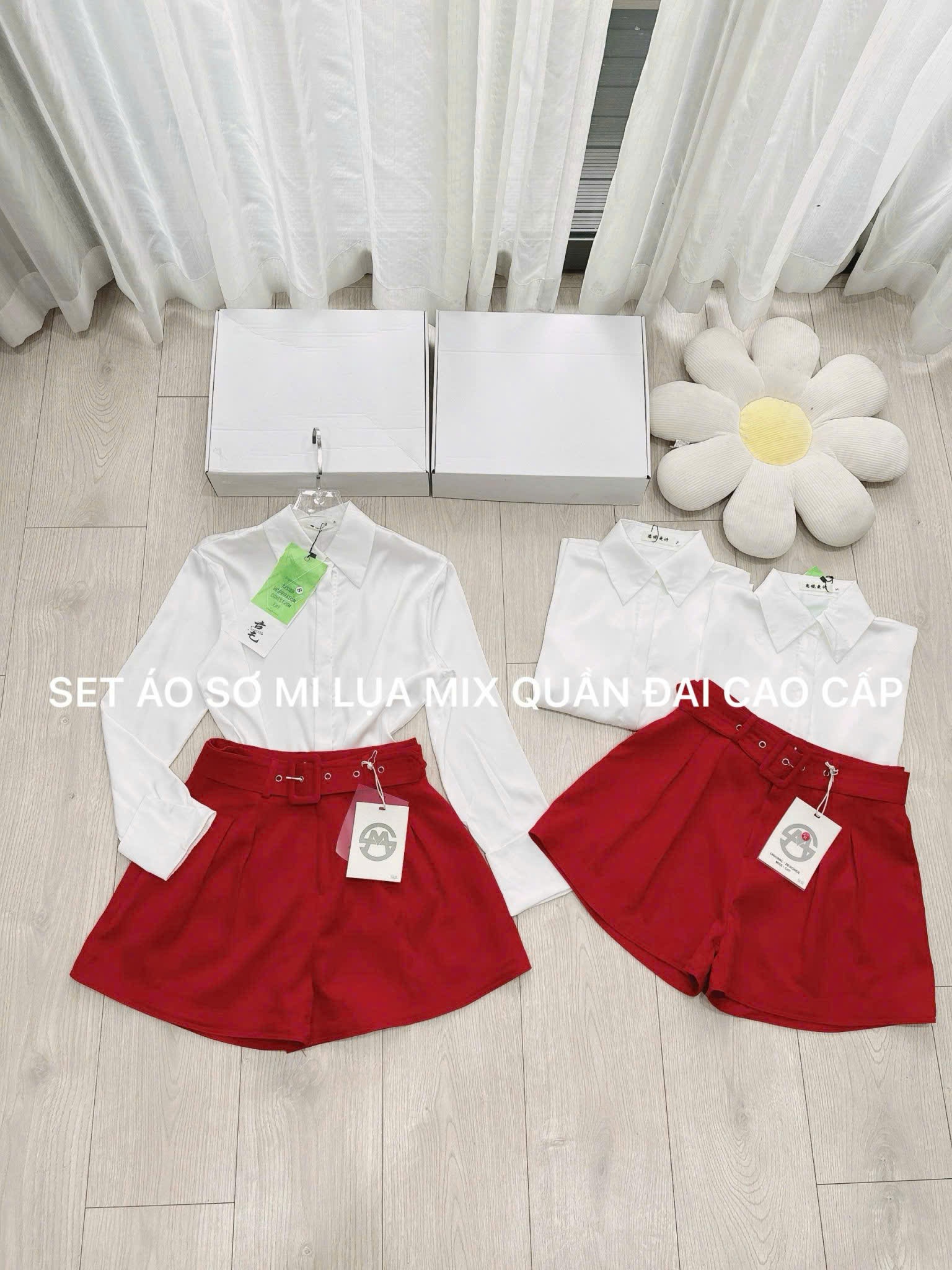Sét thiết kế - áo sơ mi lụa quần sooc đỏ seo 145k