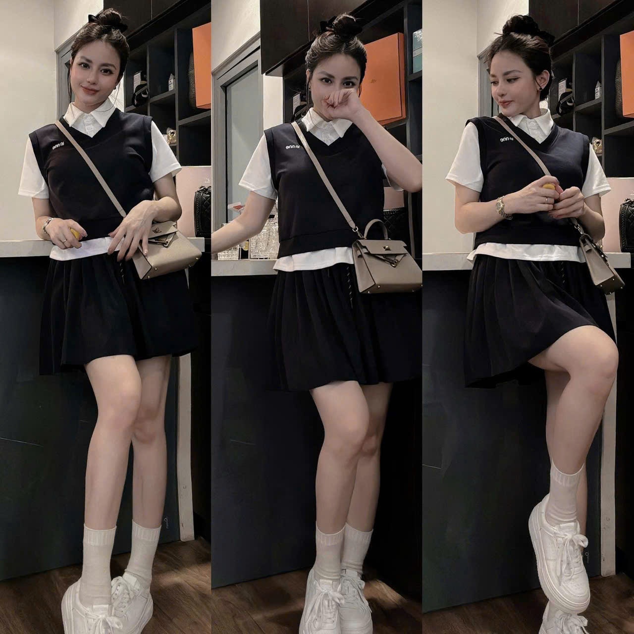 Sét áo cổ sơ mi chân váy xanh than Còn 1 set #135k