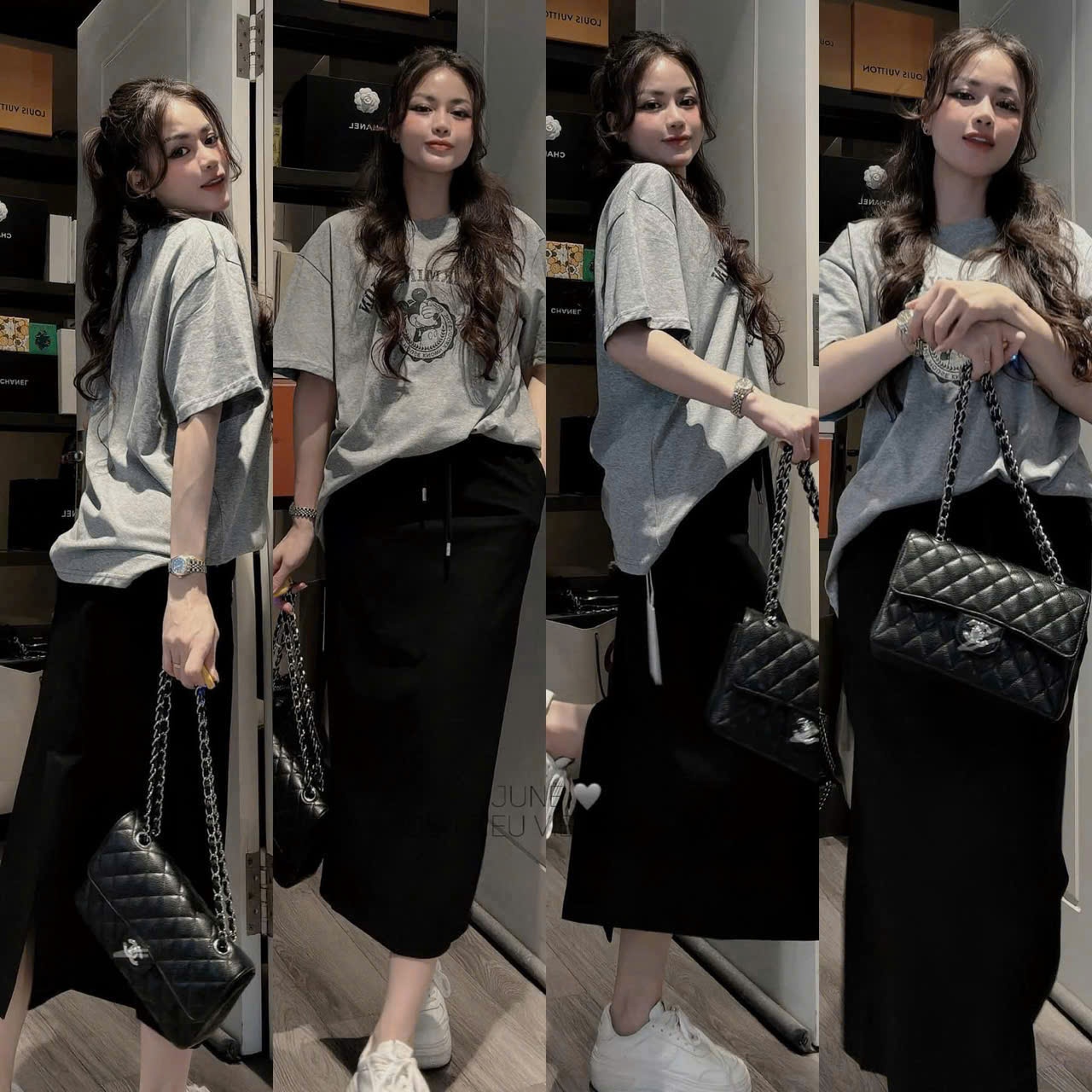 SET ÁO chân váy midi in hình